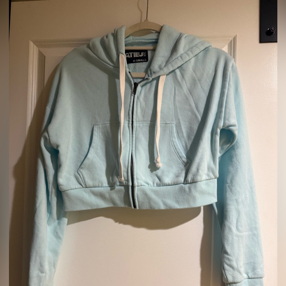 Katie J NYC Light Blue Cropped Zip-Up Hoodie